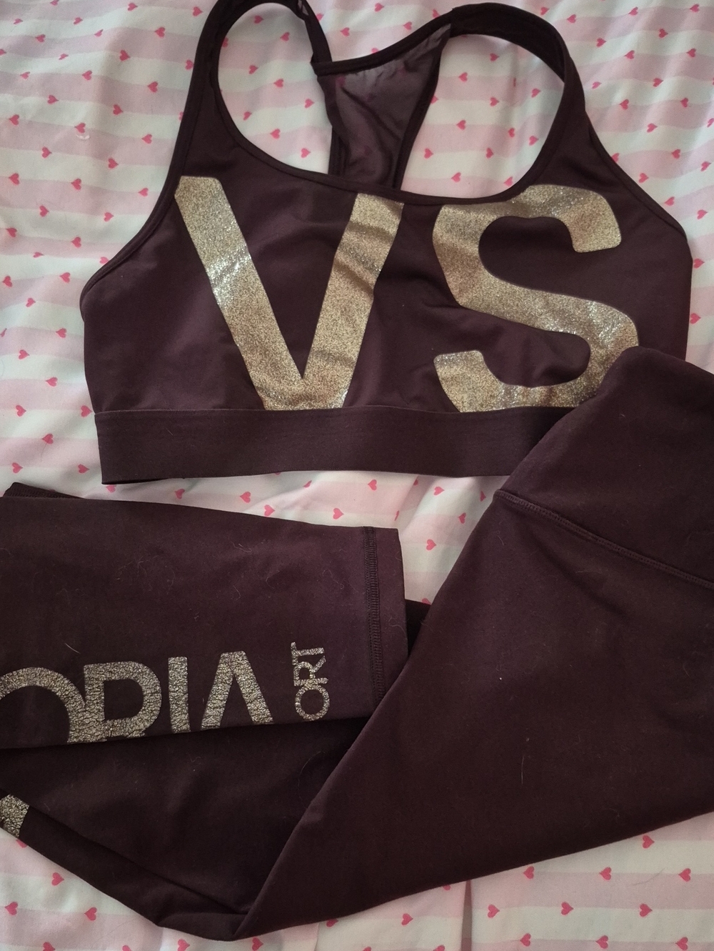 Womens Victorias Secret Maroon Glitter Logo Sports Bra & Leggings Set